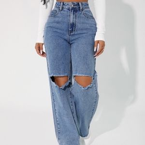 SHEIN PETITE High Waist Cut Out Straight Leg Jeans
